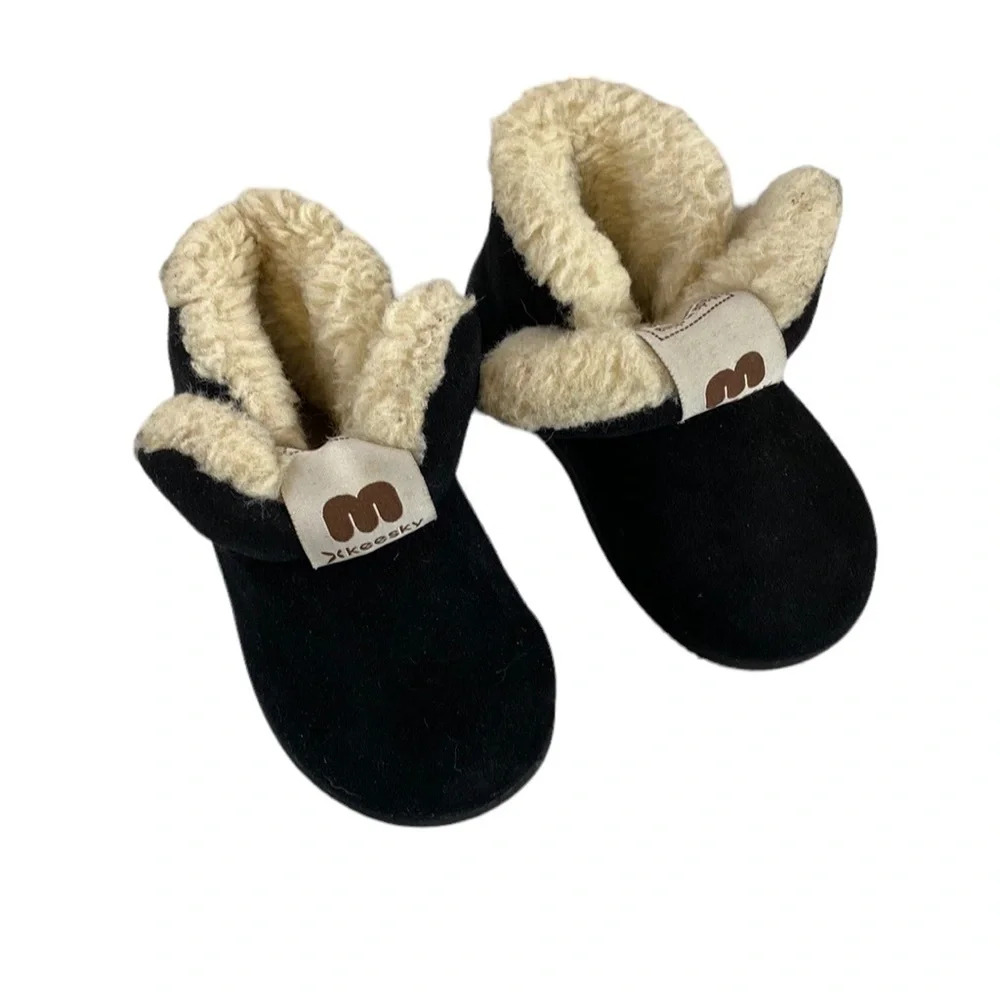 KEESKY Faux Fur Flexible Sole Bootie 140MM Toddler Black Plush Winter Slippers